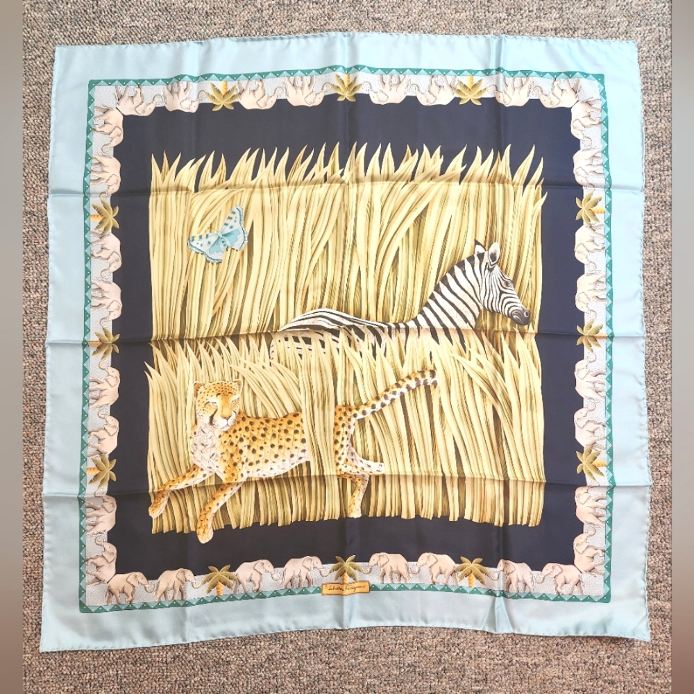 Authentic Salvatore Ferragamo Animal Print Silk Scarf with Zebra and Cheetah